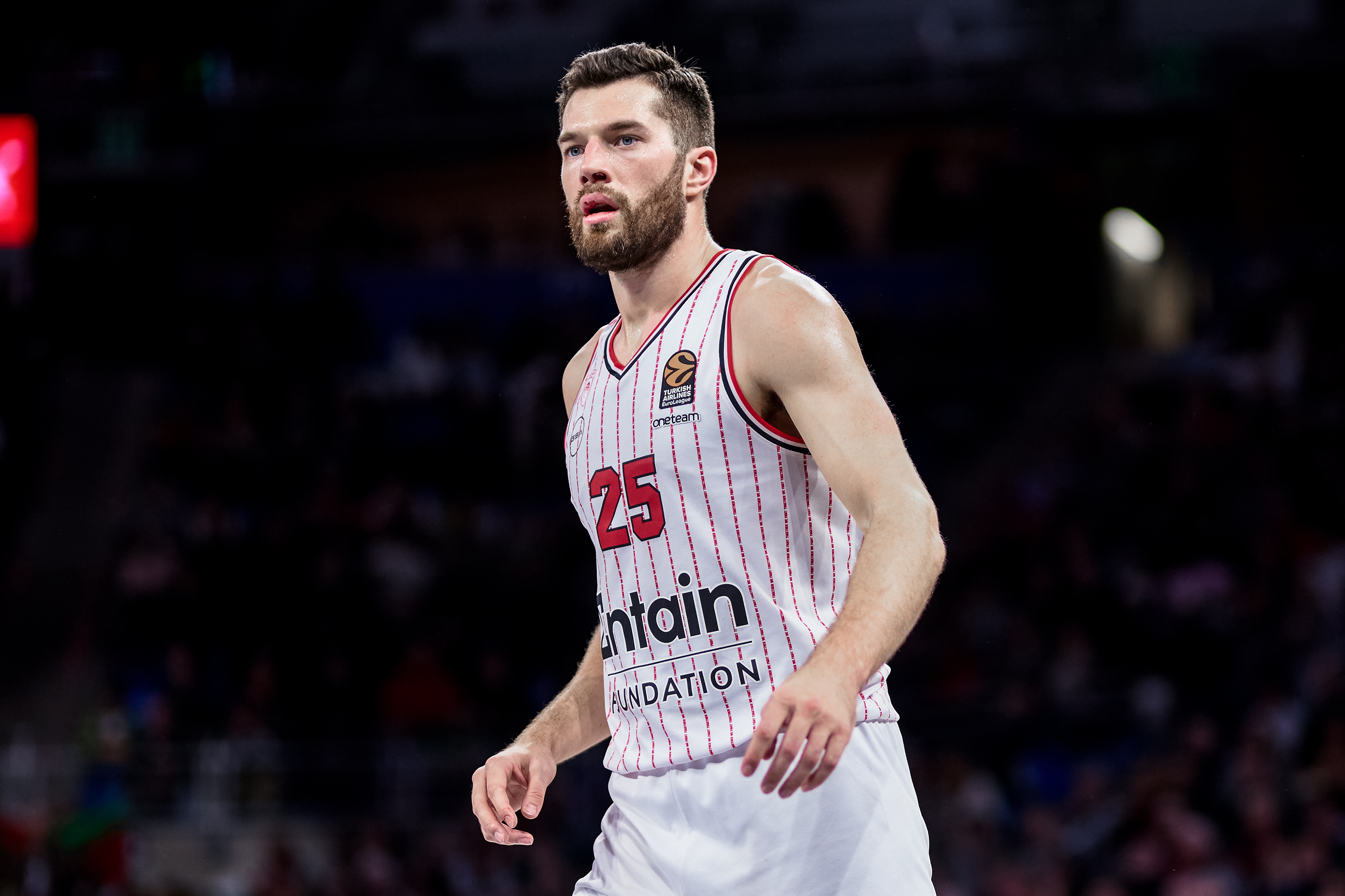 Alec Peters of Olympiacos Piraeus looks on during the 2023-2024 Turkish Airlines EuroLeague Regular Season Round 21 game between Baskonia Vitoria Gasteiz and Olympiacos Piraeus at Fernando Buesa Arena on January 12, 2024, in Vitoria, Spain.